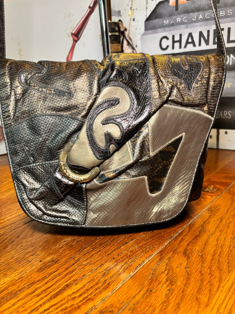 Vintage Sharif USA Metallic Bronze Patchwork Embossed Leather Crossbody